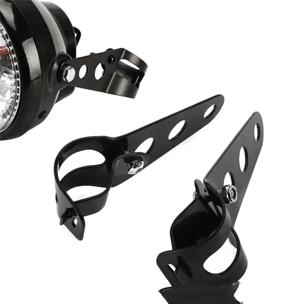 Pair of black iron motorcycle headlamp support brackets for retro modified headlights