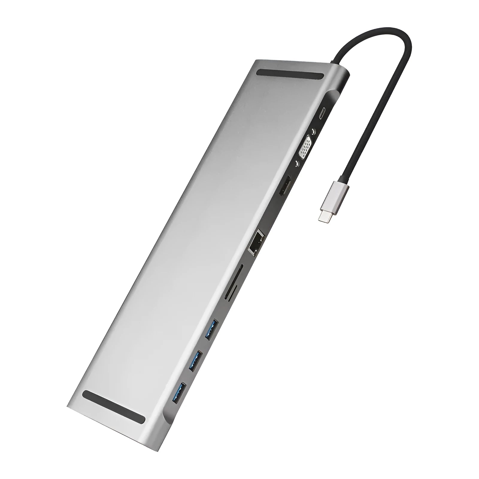 Grey aluminium 10-port docking station with cooling bracket showing HDMI, VGA, USB and Ethernet ports