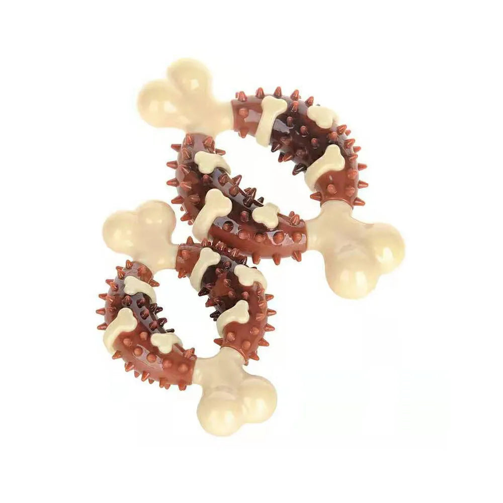 Natural rubber bone-shaped dog molar toy for teeth cleaning and anxiety relief in two size options