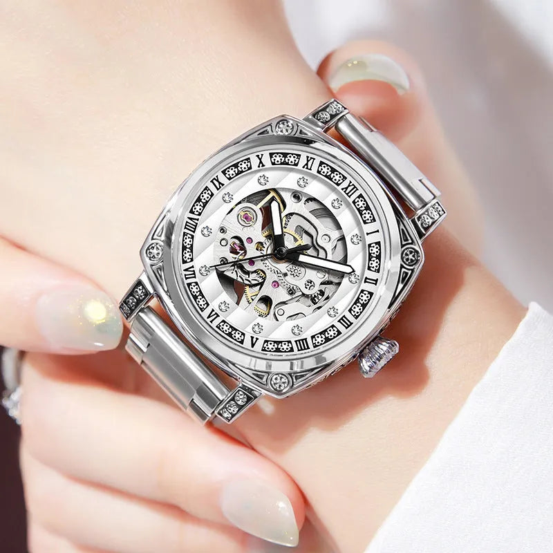 Leather strap mechanical watch with luminous hands in multiple colour options