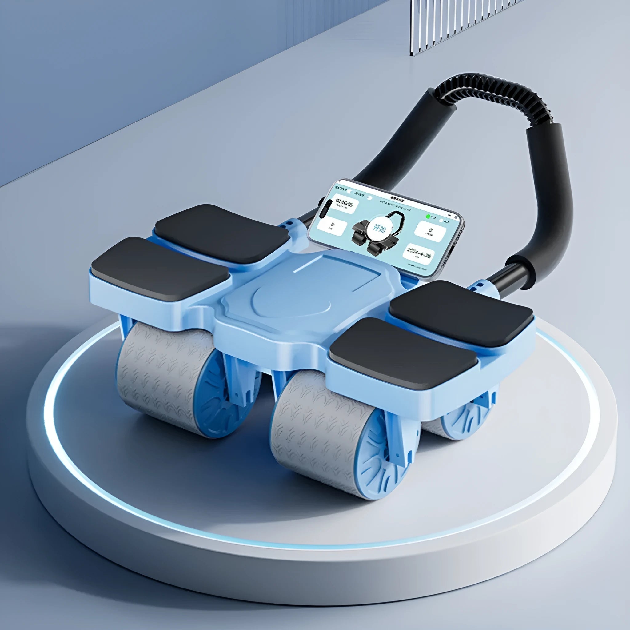 Abdominal wheel fitness equipment with four wheels in black, blue, or orange colour options