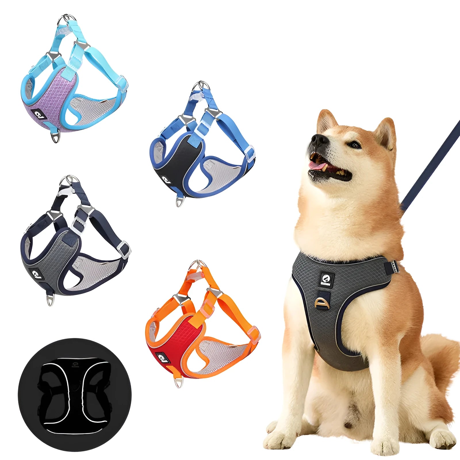 Adjustable breathable mesh dog harness with reflective trim in black, red, gray, or light purple