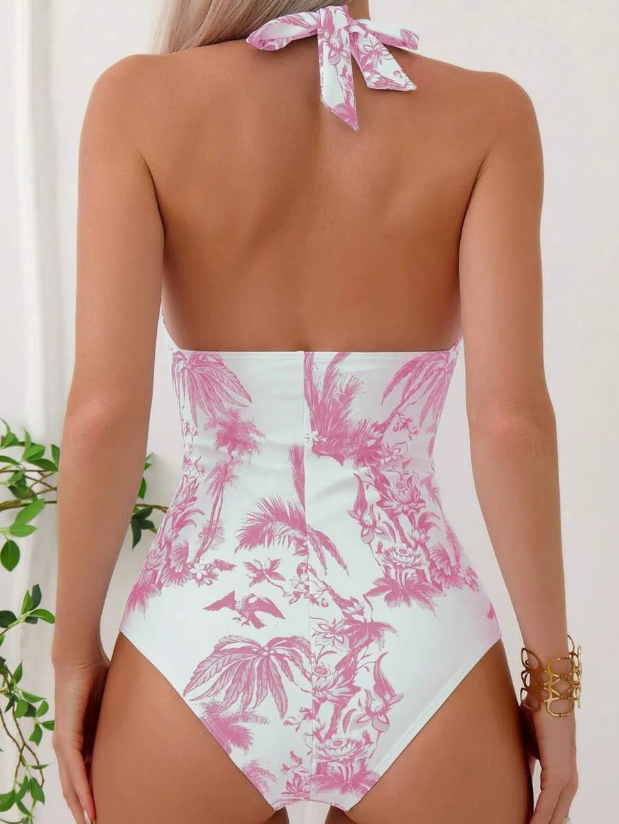Women's printed V-neck one-piece swimsuit in seven colour options with adult female sizing