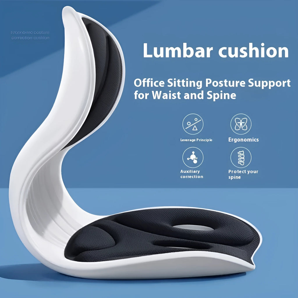 Memory foam lumbar support cushion on an office chair in grey colour.