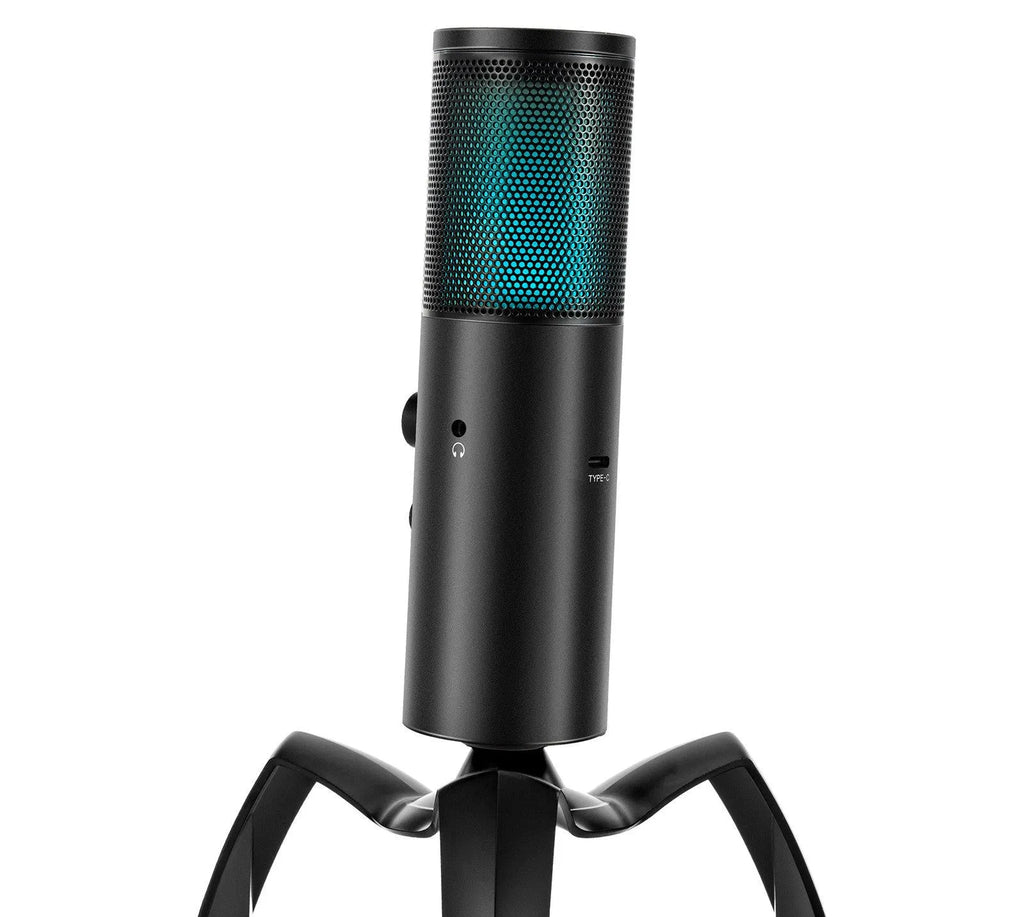 Black Q18 USB condenser microphone with RGB lights on tripod stand