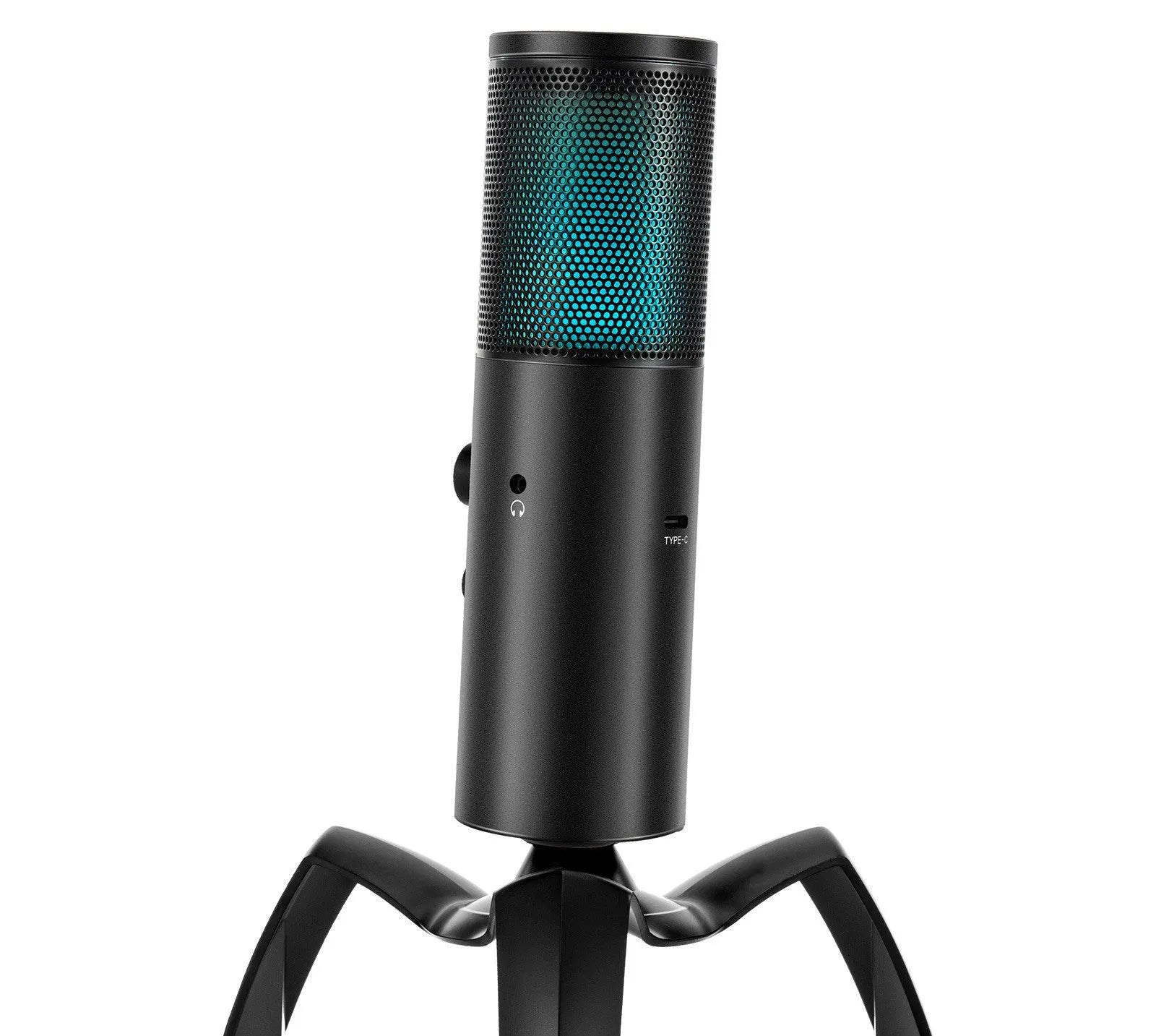 Black Q18 USB condenser microphone with RGB lights on tripod stand