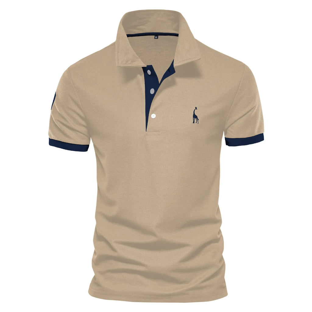 Men's slim fit embroidered short sleeve T-shirt on a hanger, showing front design.