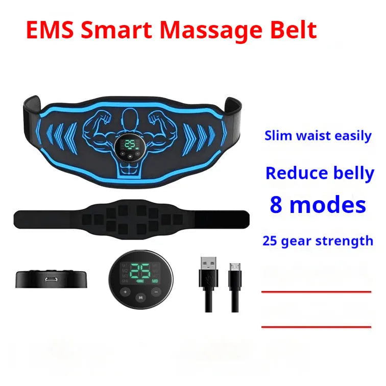 EMS abdominal massage belt with rechargeable host unit and separate arm electrodes in blue or orange