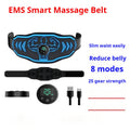 EMS abdominal massage belt with rechargeable host unit and separate arm electrodes in blue or orange
