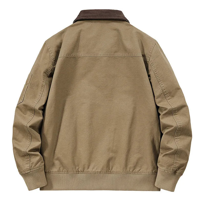 Men's plus size washed cotton flight jacket in camel colour on a hanger.