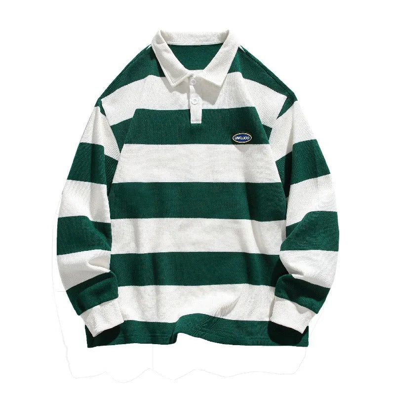 Loose fit pearl cotton polo shirt with lapel collar and long sleeves in striped Hong Kong style.