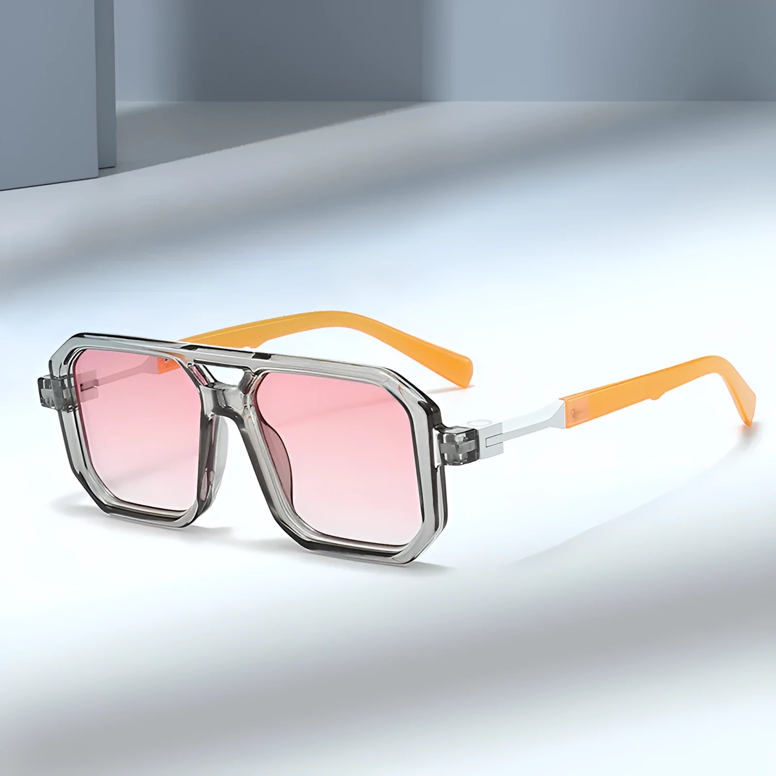 Retro double beam pilot catwalk style luxury sunglasses in various frame and lens colour combinations