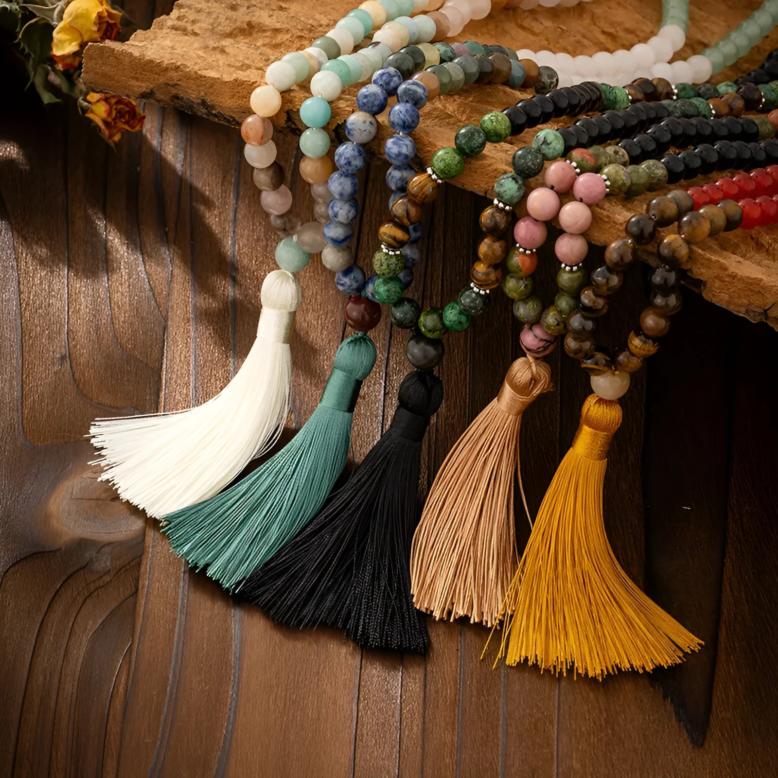Retro style long beaded necklace and matching bracelet set in geometric round beads.