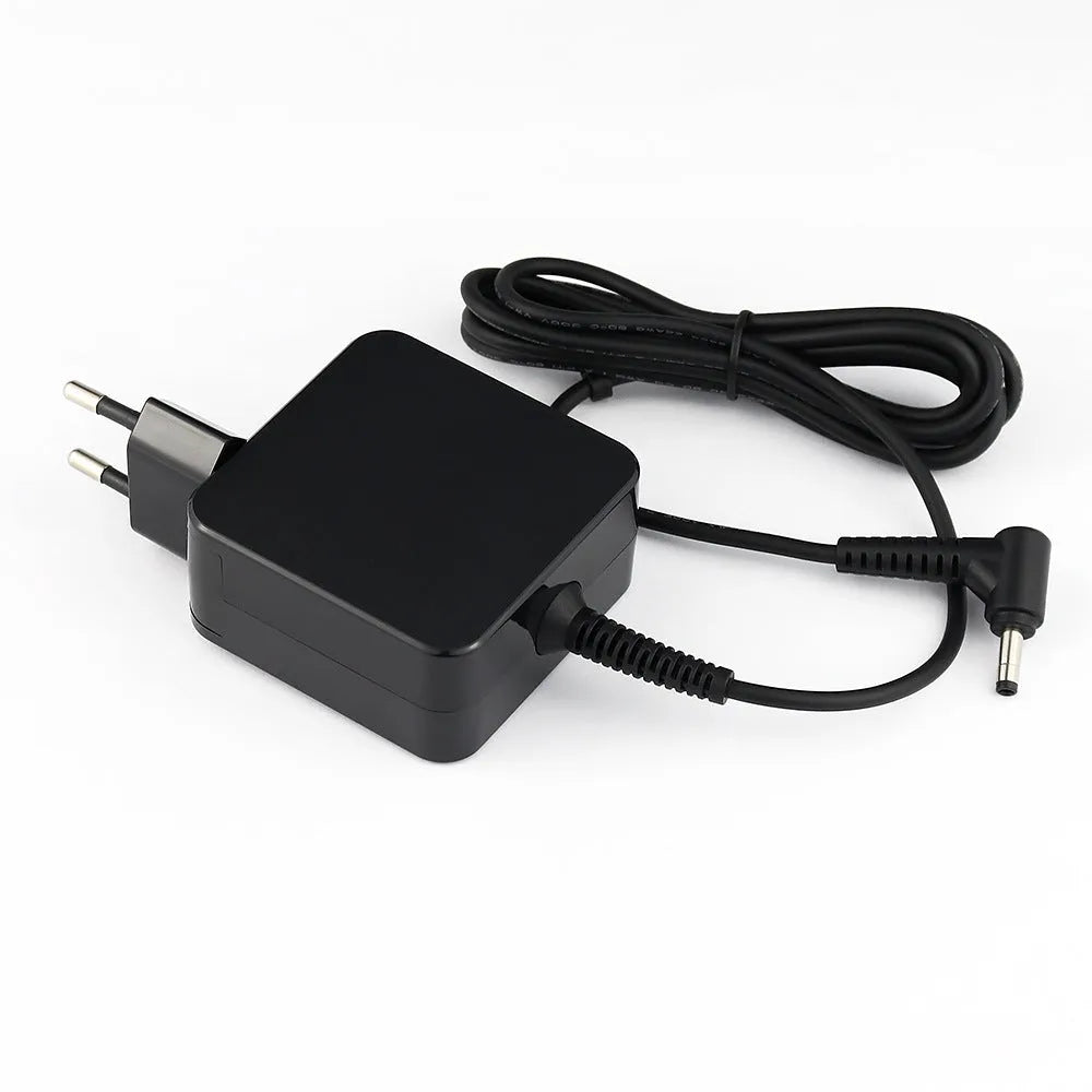 Black 45W laptop adapter with EU and US plug options showing DC connector