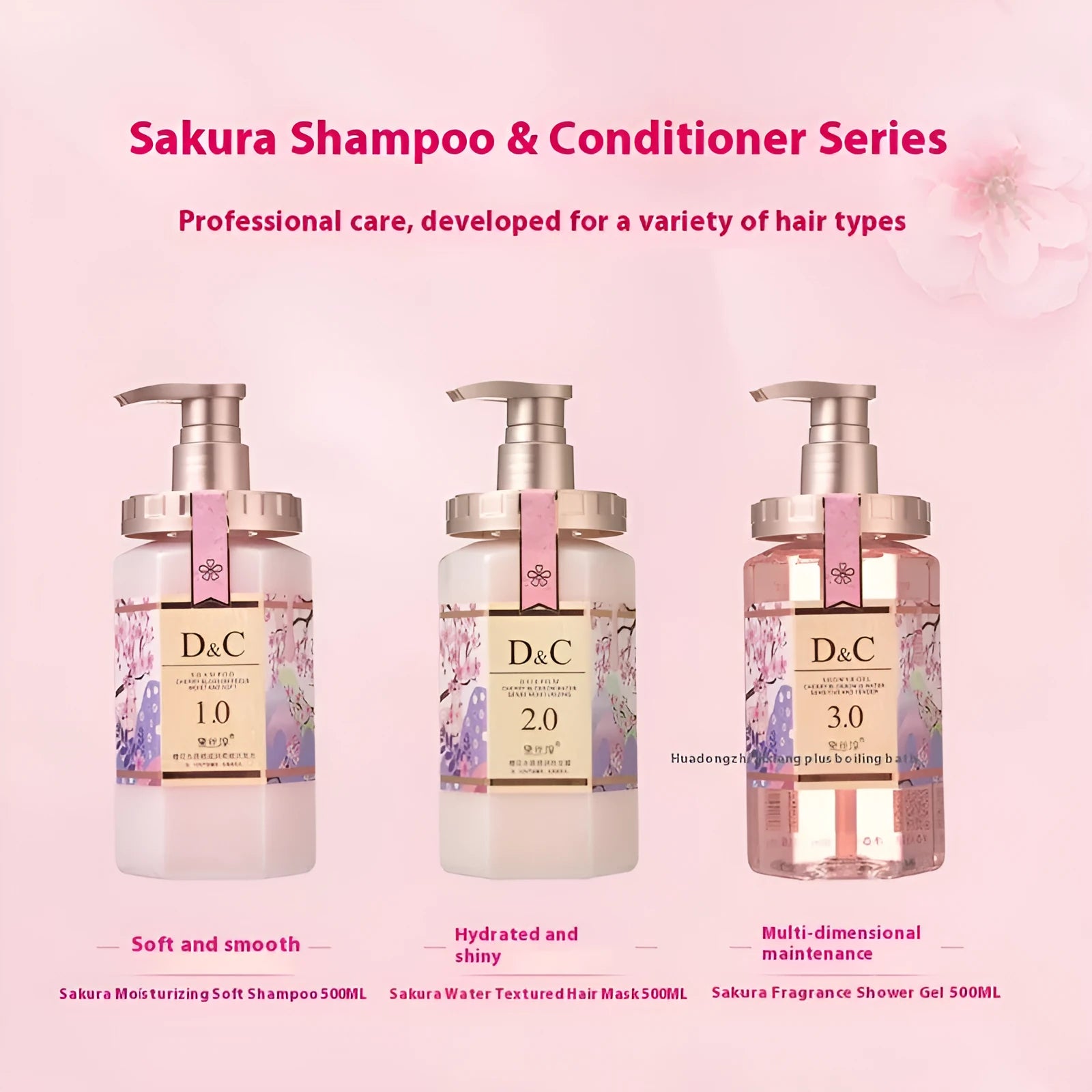 Sakura shampoo conditioner shower gel 500ml set with cherry blossom theme