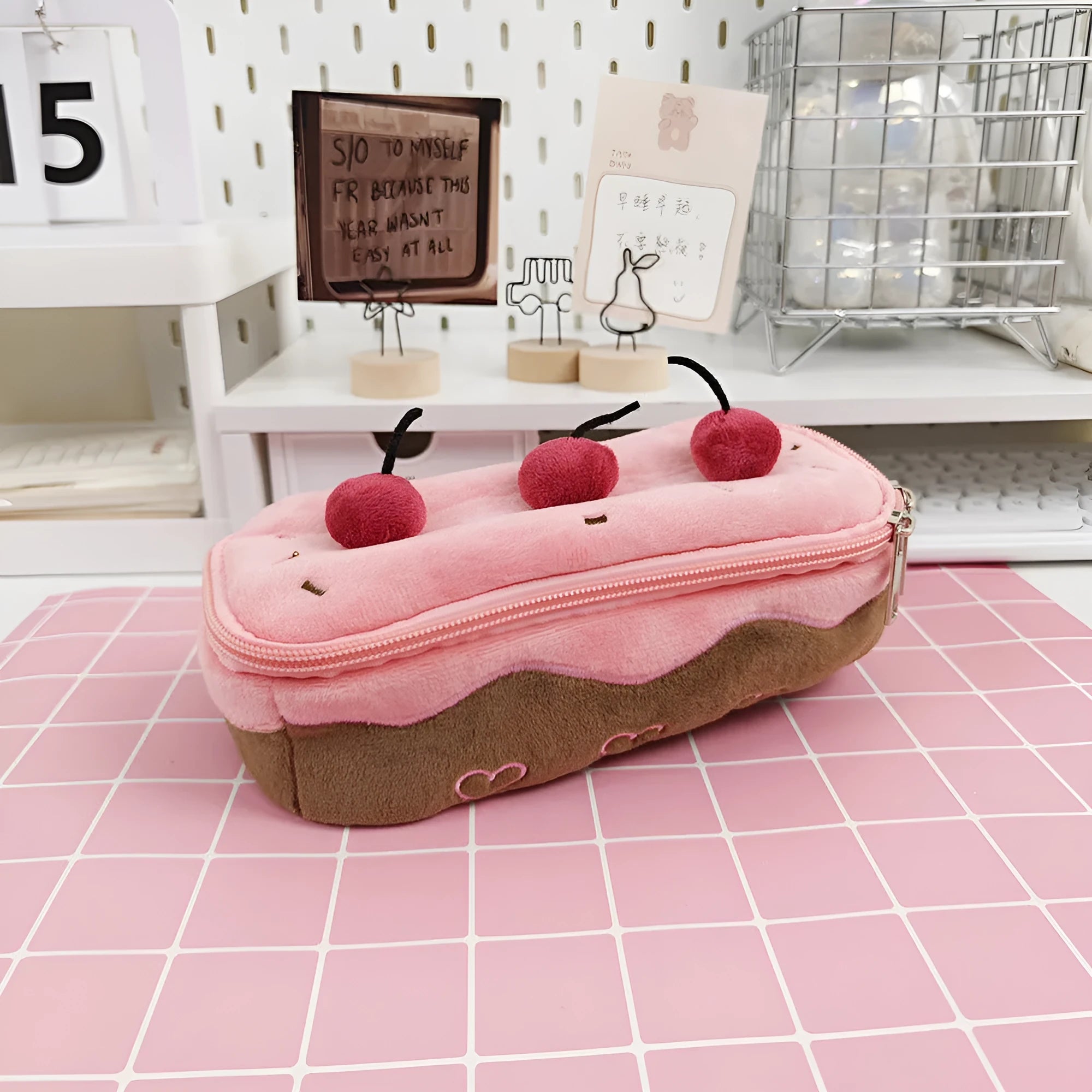 Cherry Cake coloured velvet plush pencil bag with Korean style design