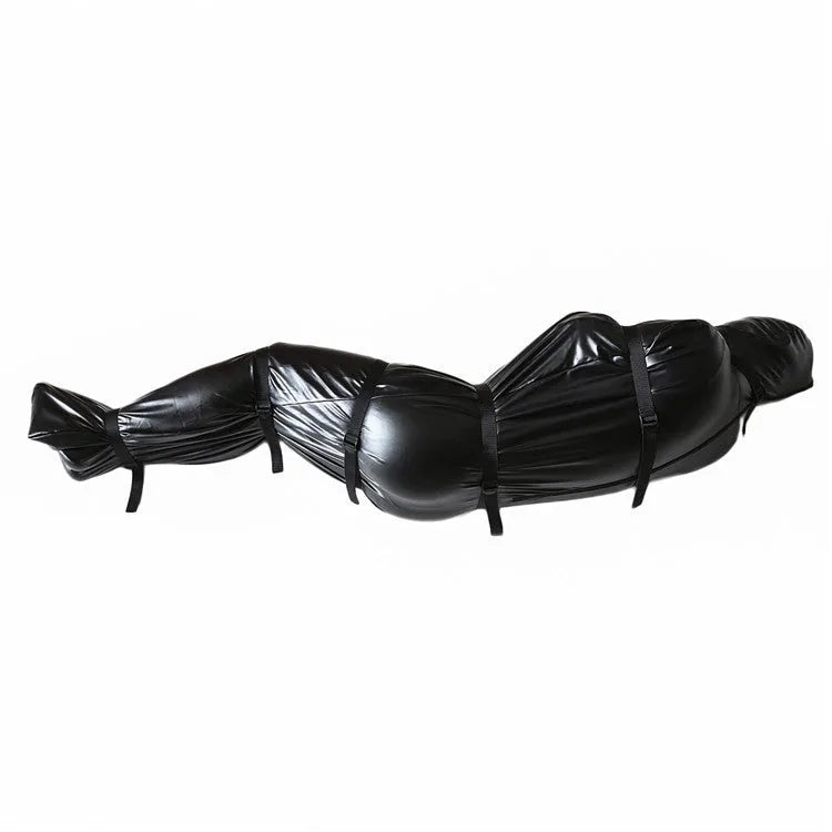 Black patent leather bondage set with nostril clothing and six ratchet tie down wraps