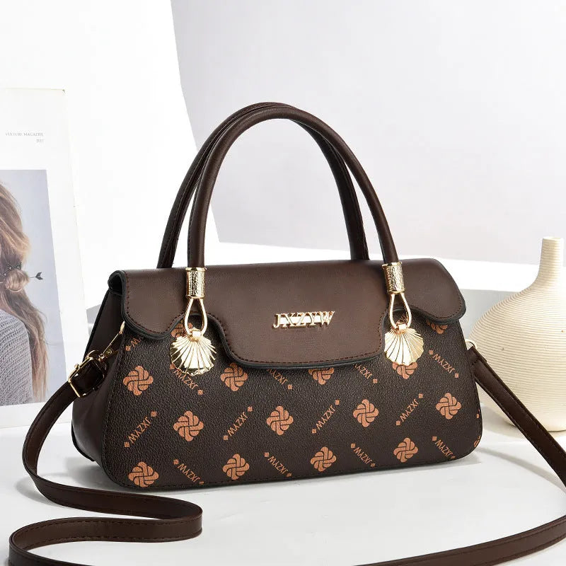 Vintage letter-printed women's cross-body handbag in brown PU with single shoulder strap and polyester lining