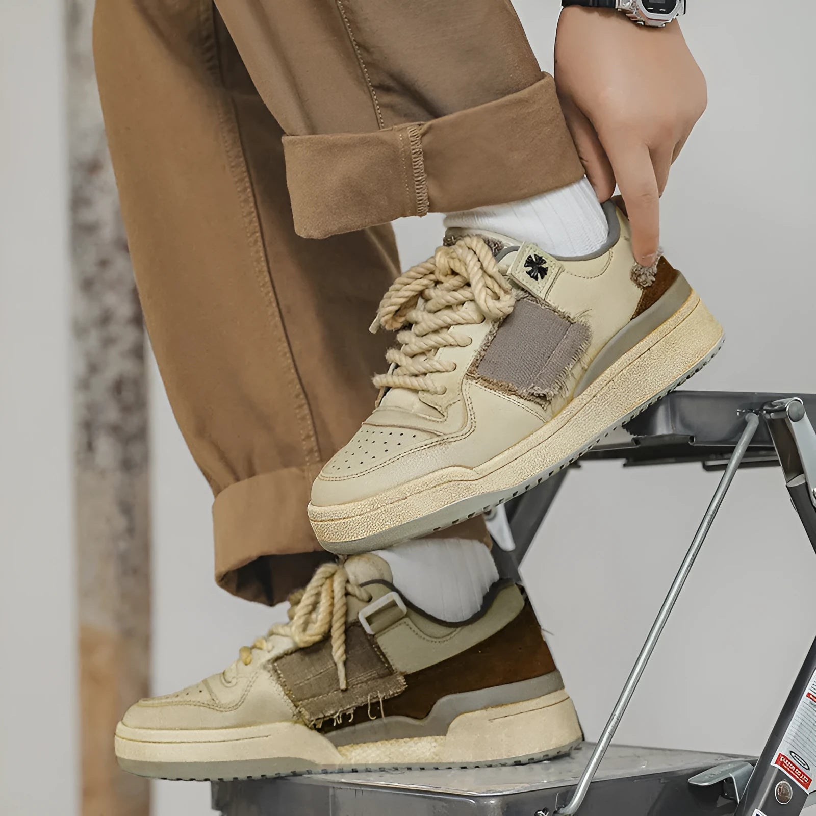 Beige vintage skateboard shoes with patch design, low-top cut, and round toe