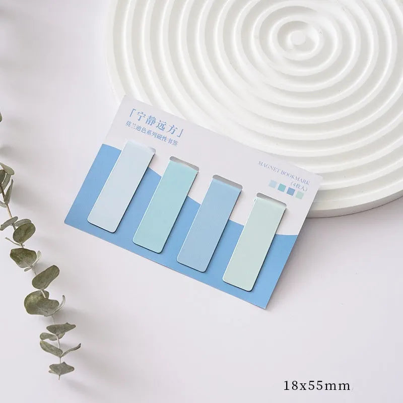 Set of four Morandi colour block magnetic bookmarks showing miniature design and magnetic clasp.