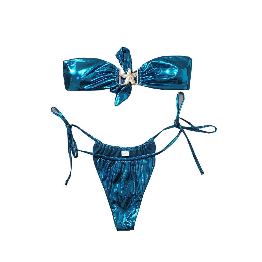 Glossy sapphire blue tube top bikini set with long sleeves, gold starfish, and briefs bottom.