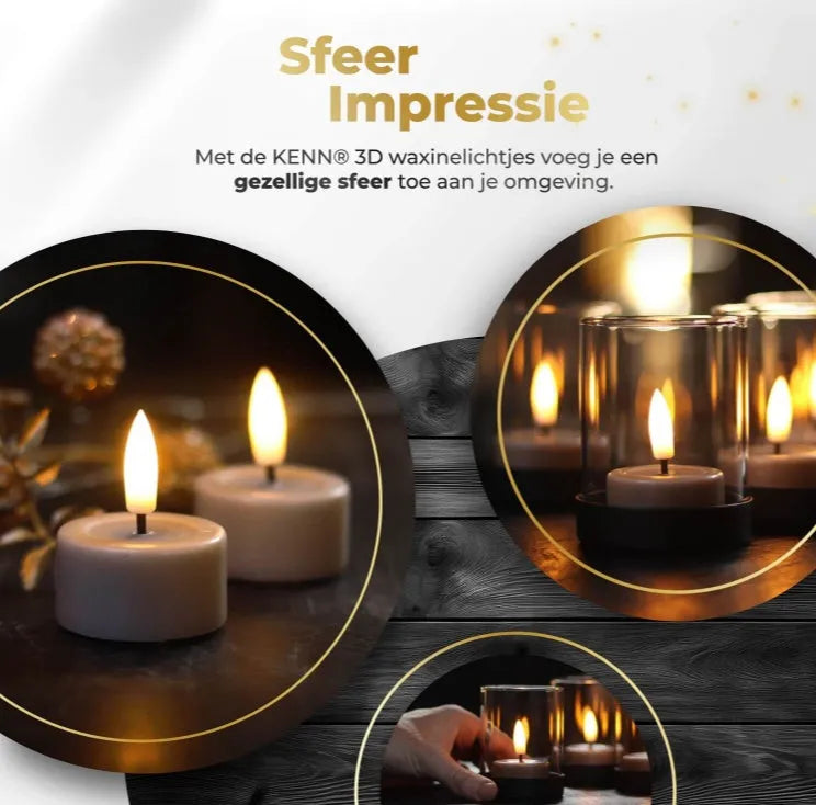 Four taupe-coloured LED tealight candles with 3D flame effect on wooden surface