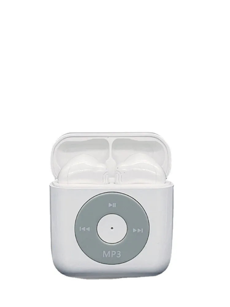 White wireless Bluetooth earphones with a semi in ear design and a matching charging compartment case.