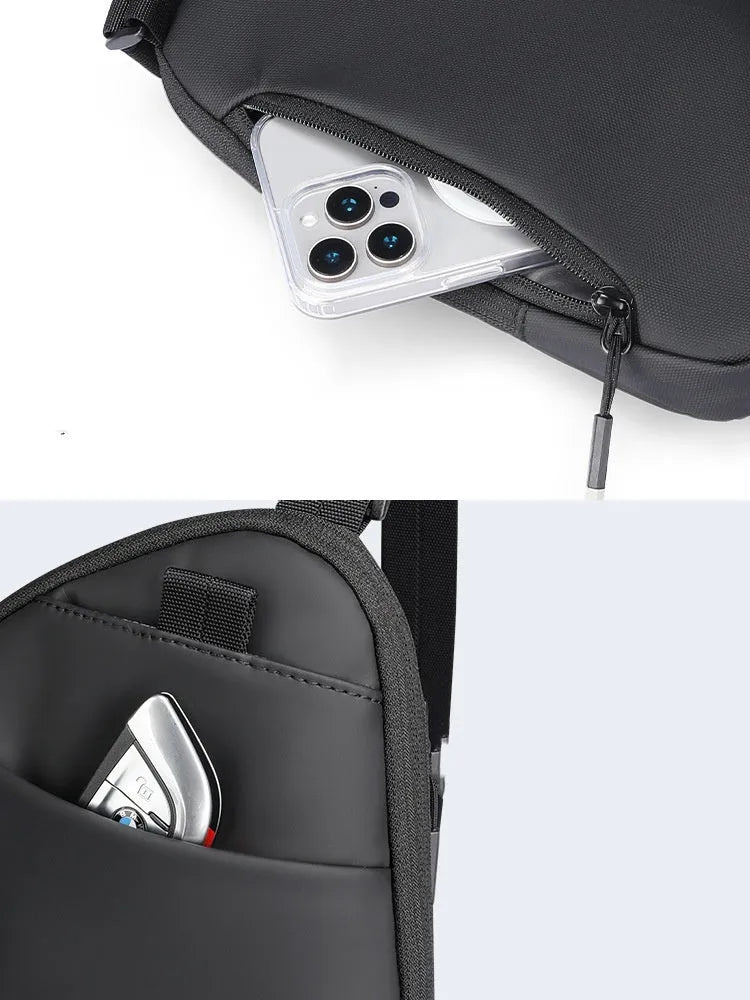 Men's elegant black Oxford cloth crossbody bag with reinforced sewing thread construction