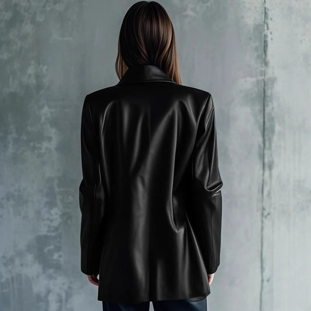 Black medium-length leather jacket for women with long sleeves.