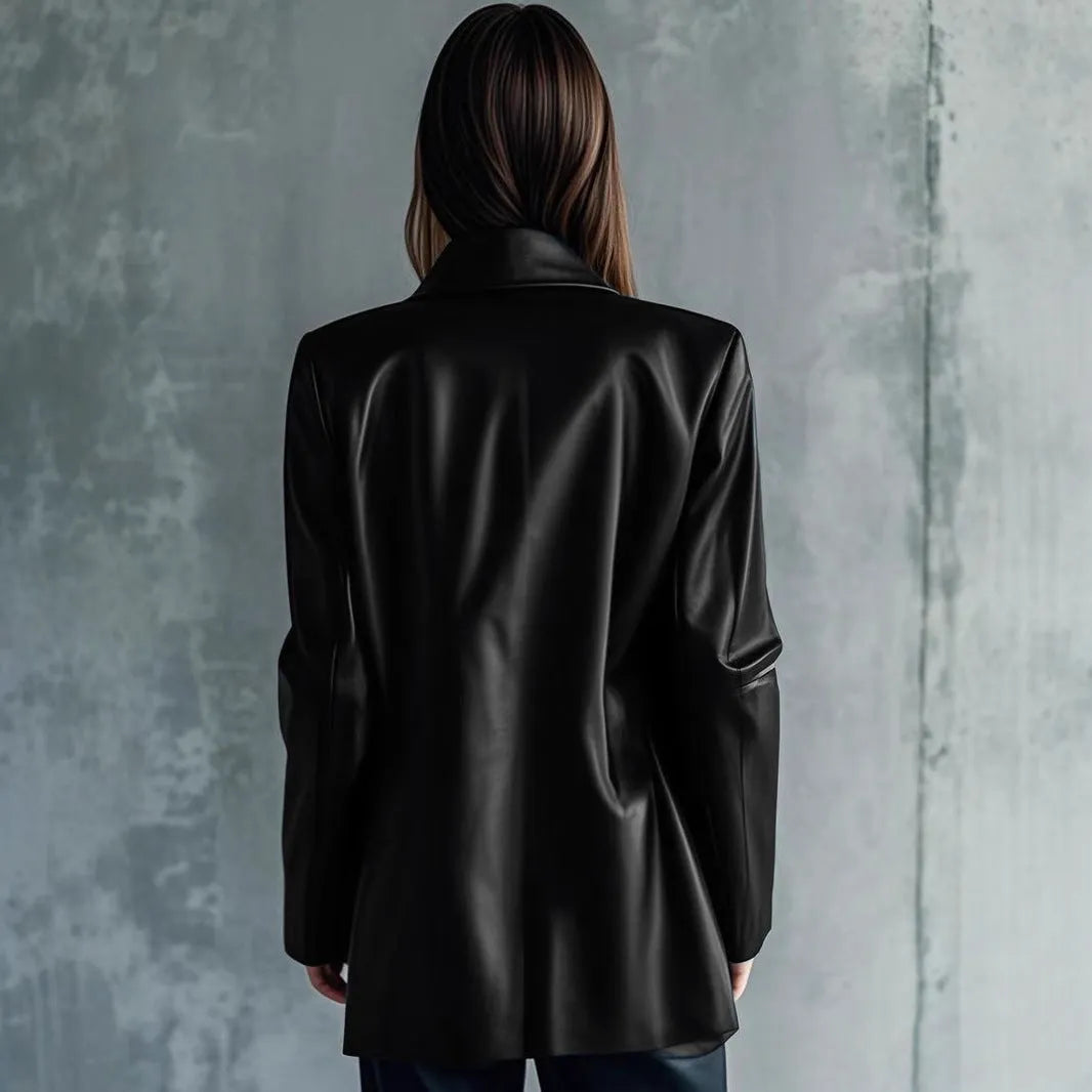 Black medium-length leather jacket for women with long sleeves.