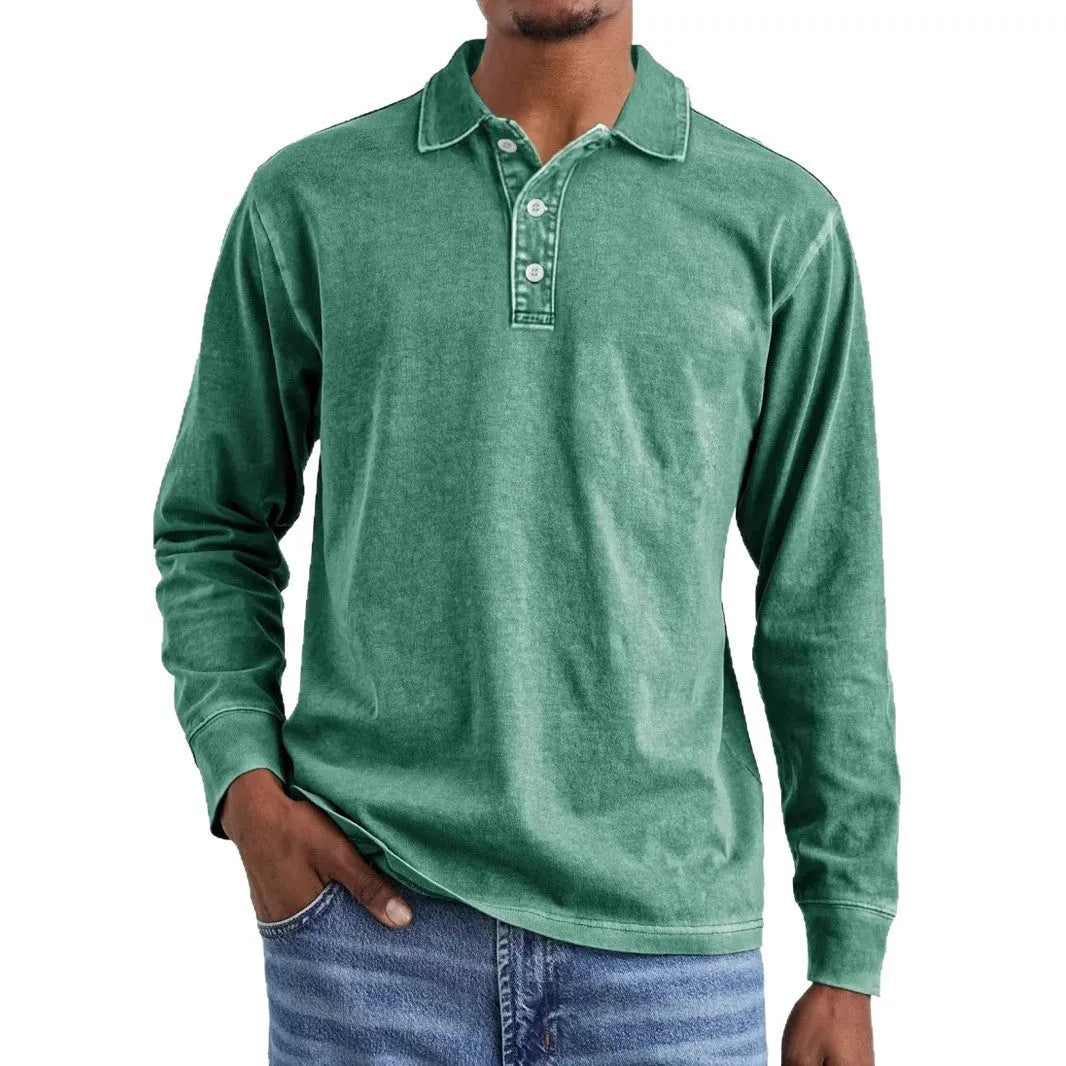 Retro washed distressed pure cotton long sleeve polo shirt with lapel collar, shown in Army Green.