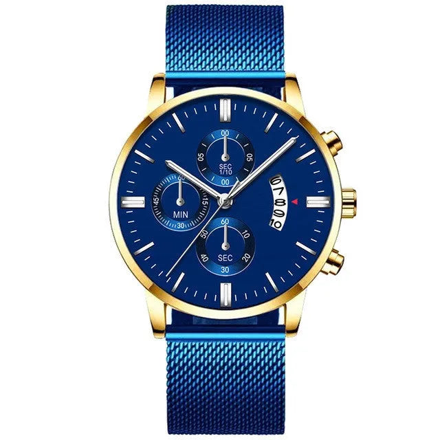Mens stainless steel mesh band quartz watch with 4.2cm case and decorative sub-dial