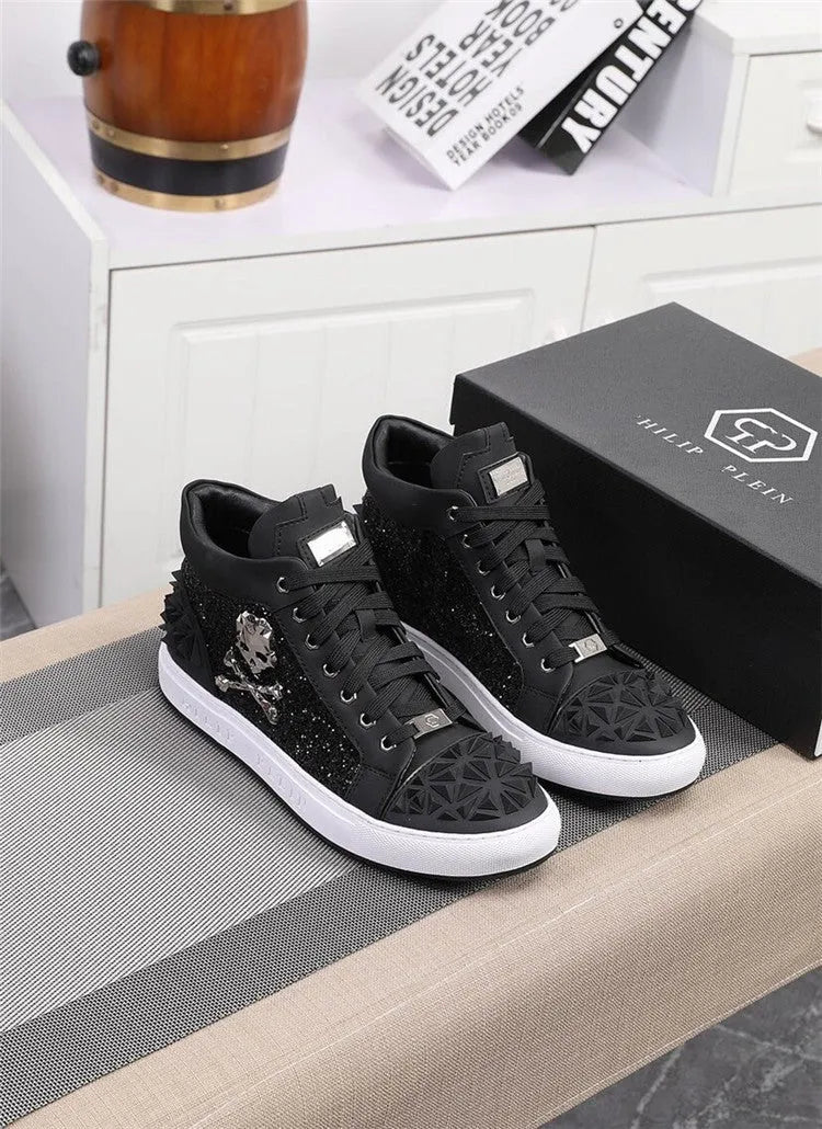 Men's black genuine leather high top skeleton shoes with lace-up closure and round toe design
