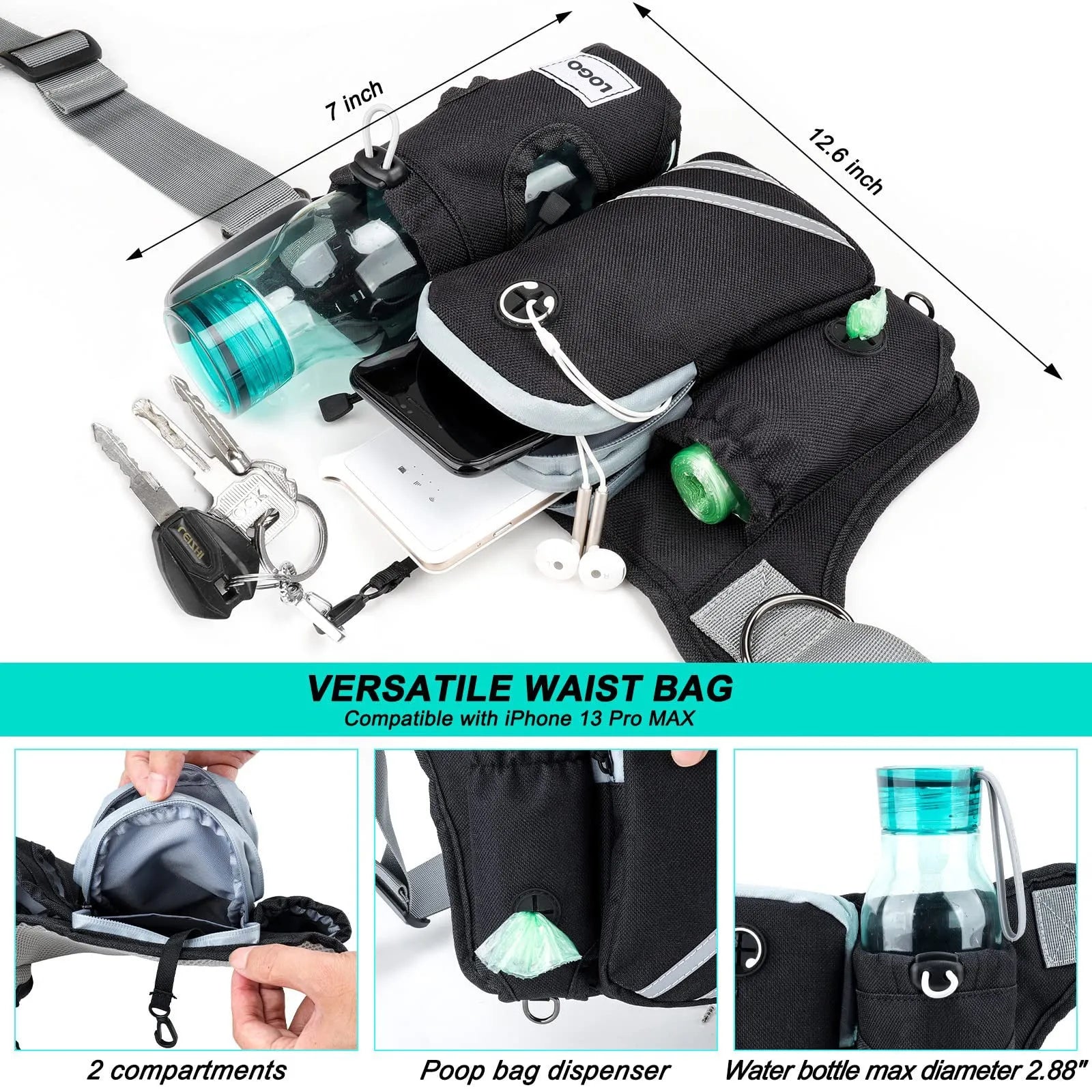 Black nylon pet training waist bag with dog leash set for outdoor walking