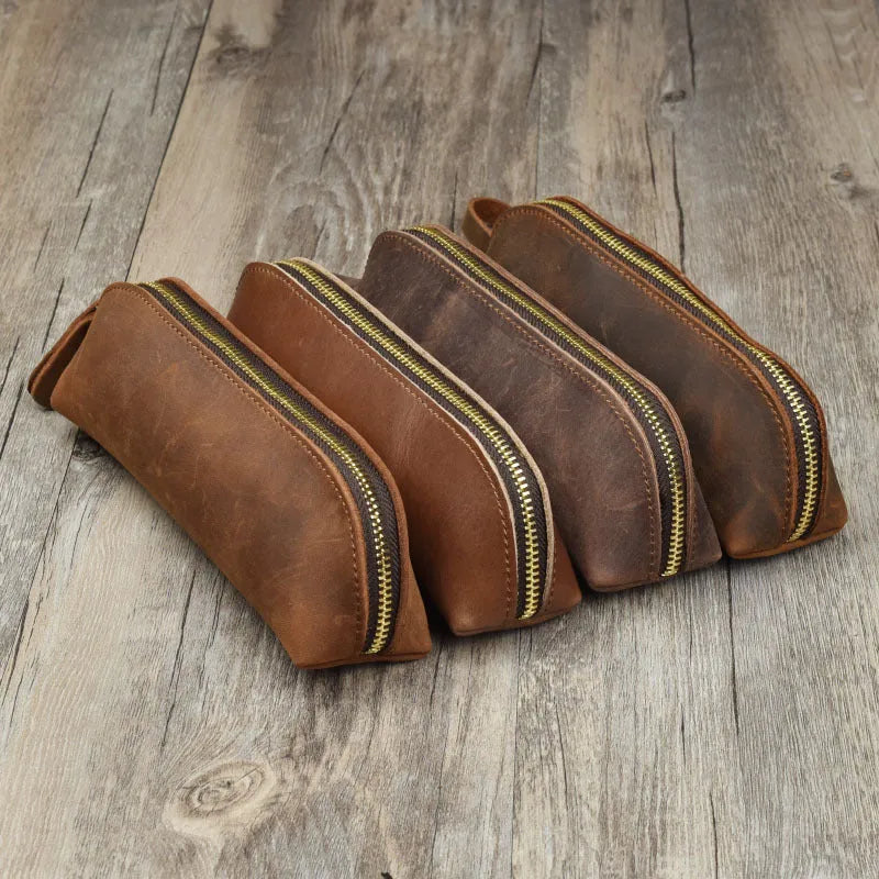 Handmade square leather pencil and glasses case with zipper closure in four colour options