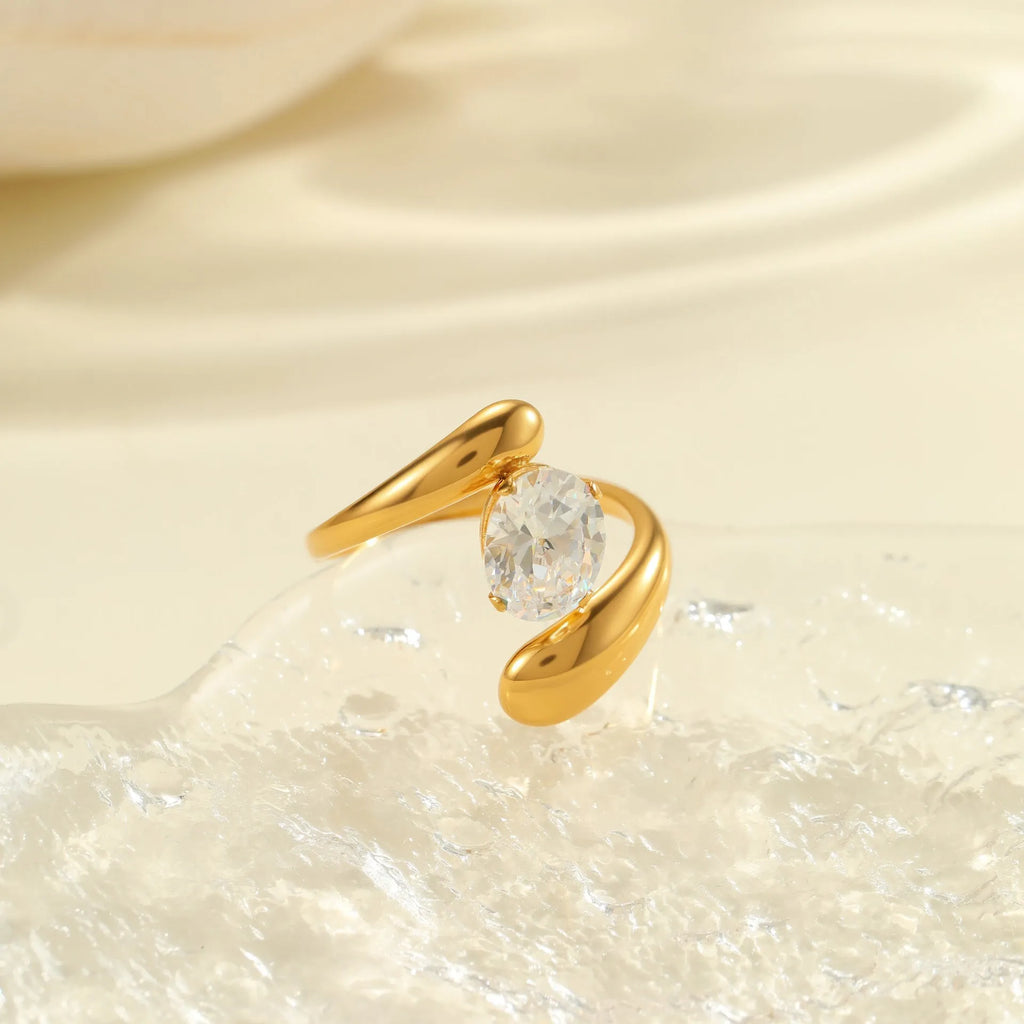 Women's geometric zircon ring with open mouth design in stainless steel with multiple colour options