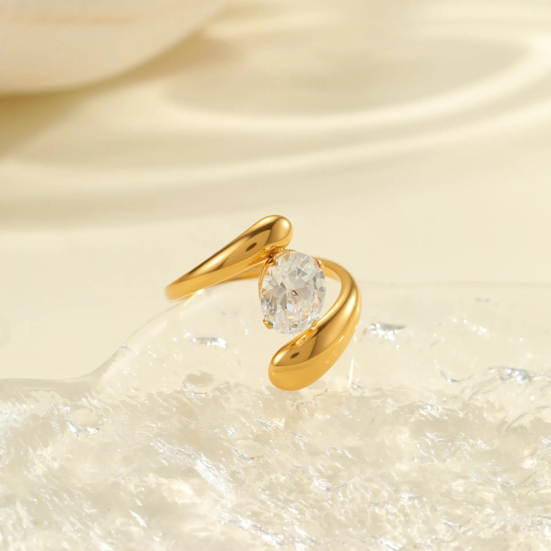 Women's geometric zircon ring with open mouth design in stainless steel with multiple colour options