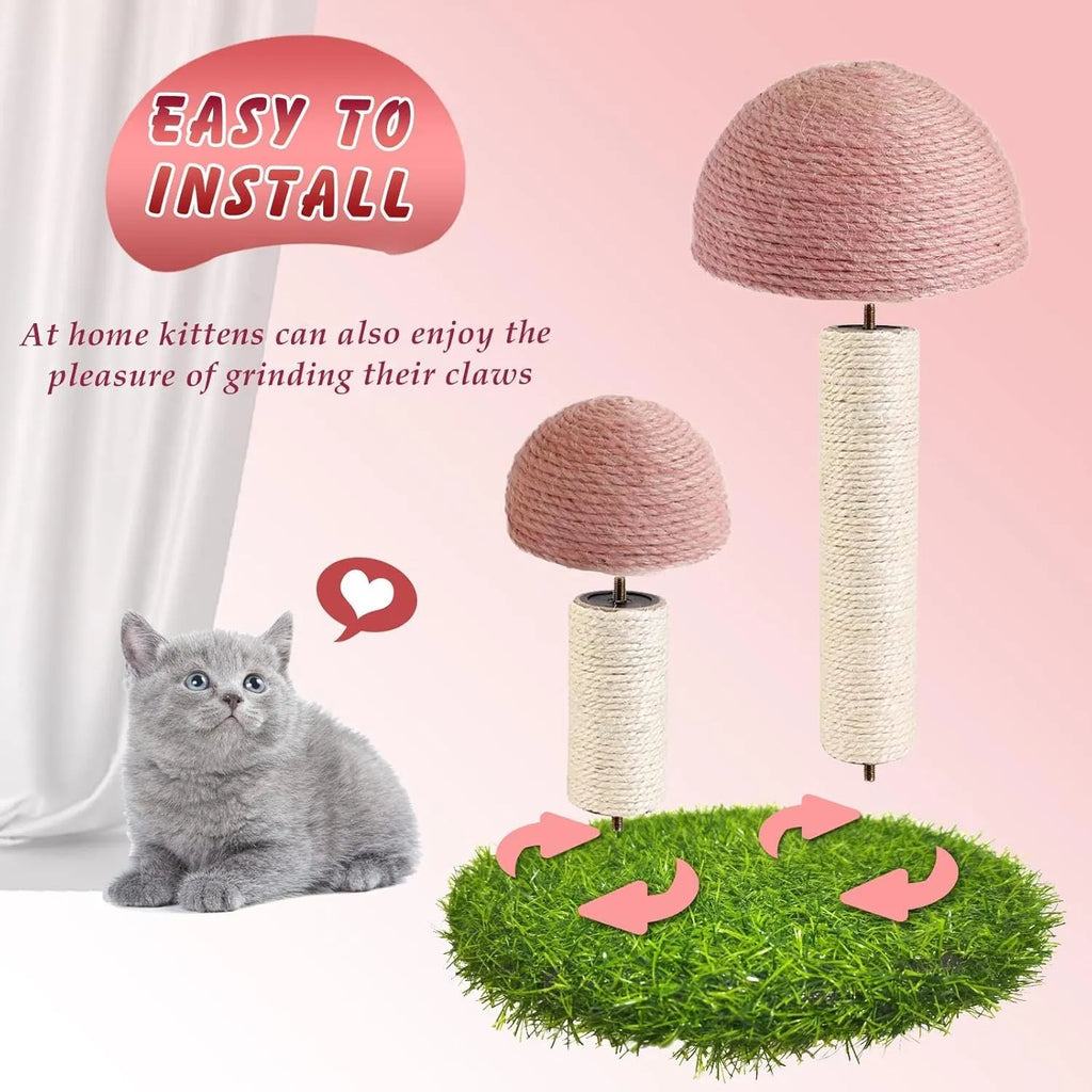 Pink mushroom-shaped cat scratching post with natural sisal scratching surfaces