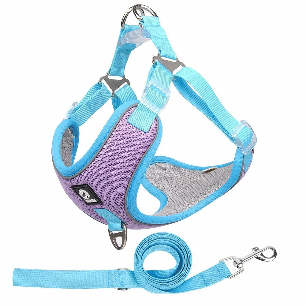 Adjustable breathable mesh dog harness with reflective trim in black, red, gray, or light purple