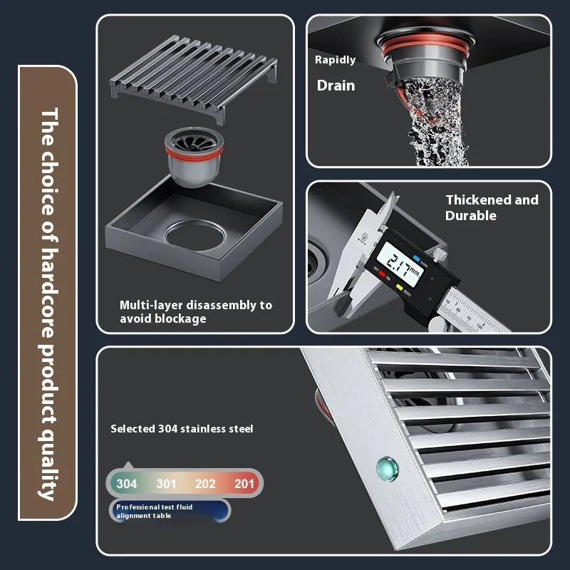 Gun grey 304 stainless steel courtyard floor drain measuring 15cm by 15cm with visible grating.