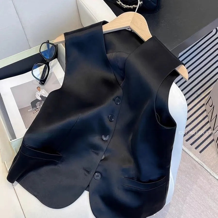 Black satin women's sleeveless vest on a hanger, showing loose fit and normal length.