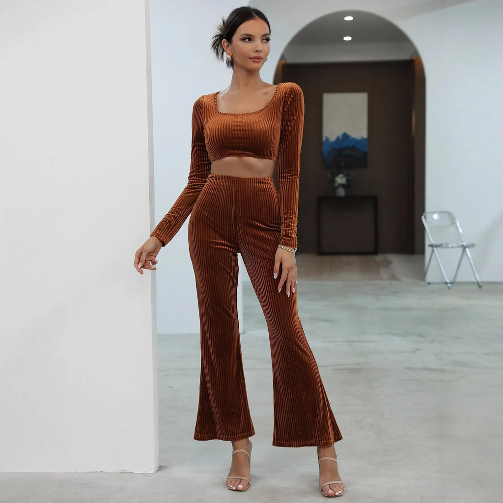 Caramel-coloured long sleeve sweater set with matching top and trousers on hanger