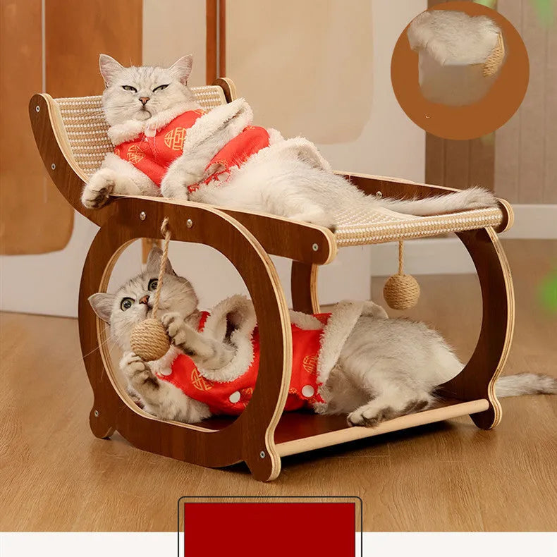 Solid wood cat scratcher bed with sisal scratching surface in natural wood finish