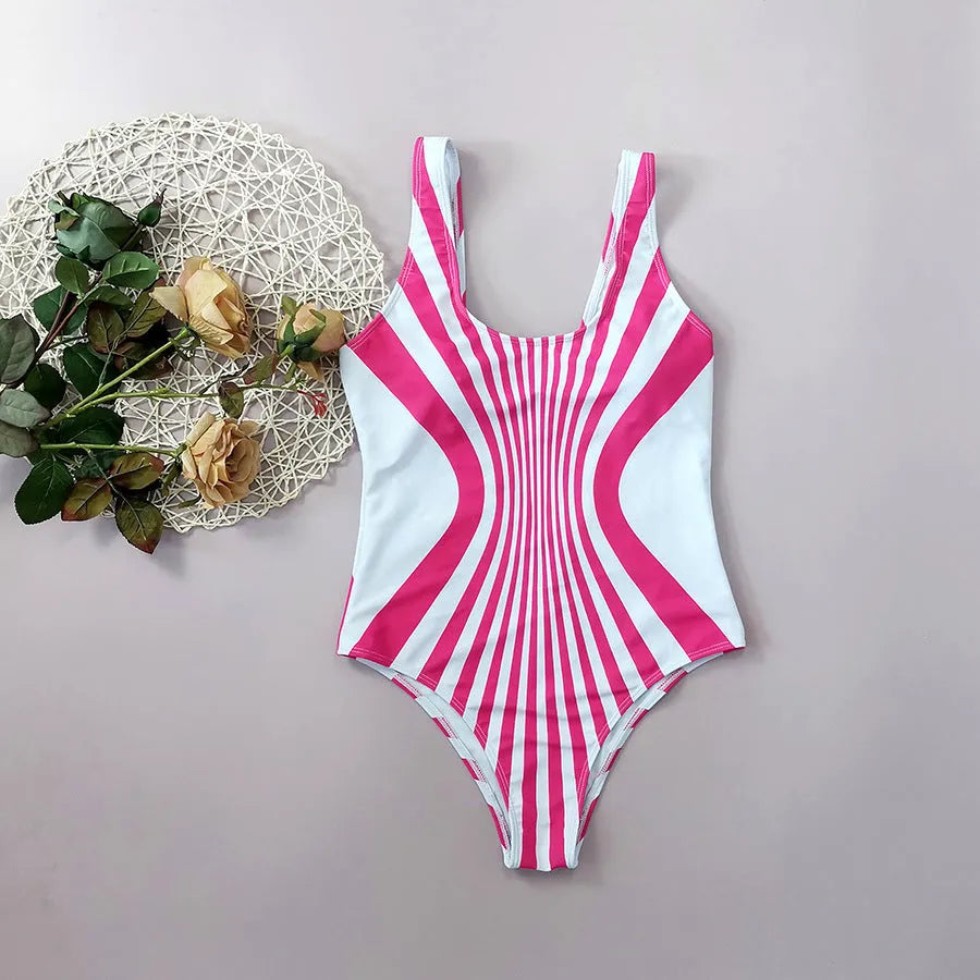 Pink striped one-piece swimsuit with front and rear digital printing for women