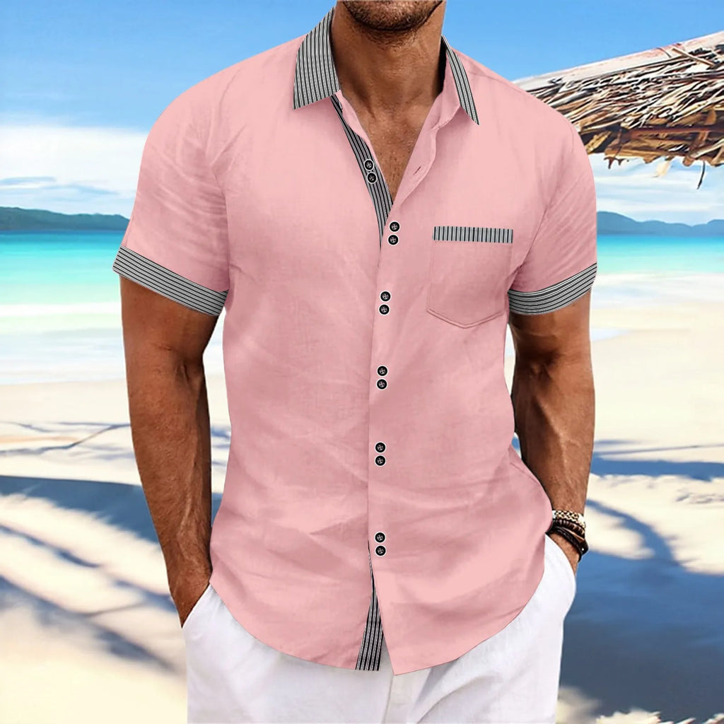Striped double button short sleeve casual shirt in pure cotton with slim fit design