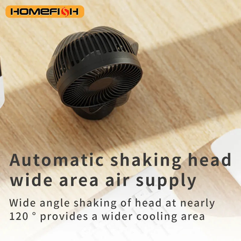 HOMEFISH F2 automatic shake head fan with LED light and removable bracket on a table.