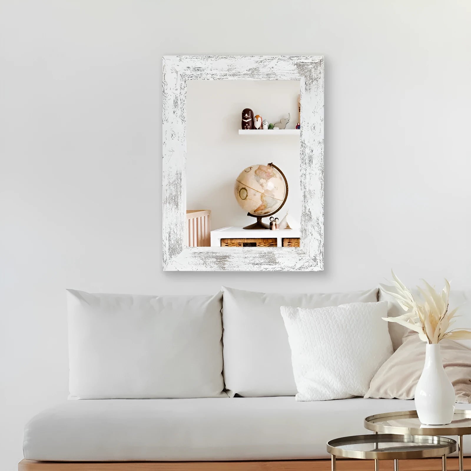Wall-mounted dressing mirror with Chinese-style MDF frame in white finish