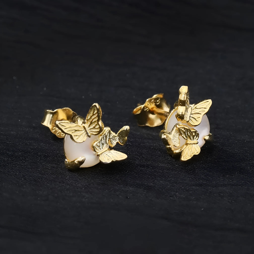 Butterfly design ear studs in 925 silver with white gold or gold electroplated finish