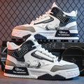 Men's beige high-top board shoes with mesh lining and flat rubber sole on a white background.