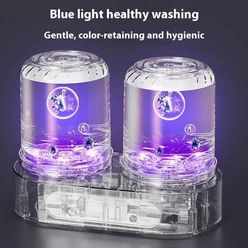 White double bucket mini washing machine with USB power connection for portable laundry use
